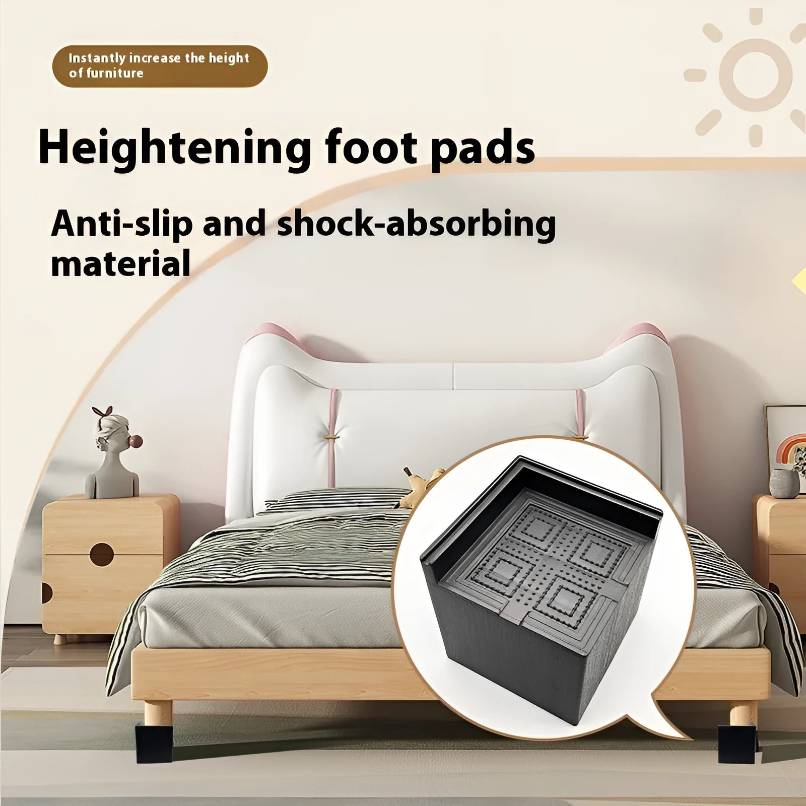 Four black plastic furniture height adjustment mats for sofa or bed feet.