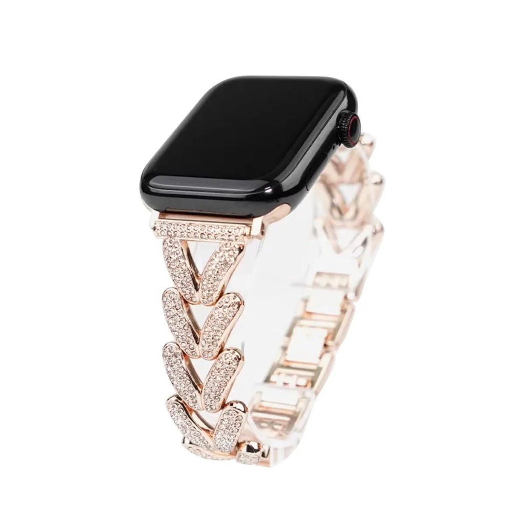Silver metal Apple Watch strap with V-shaped diamond-embedded detailing