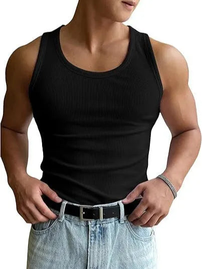 Men's tight-fit round neck sports T-shirt in black, shown from the front.