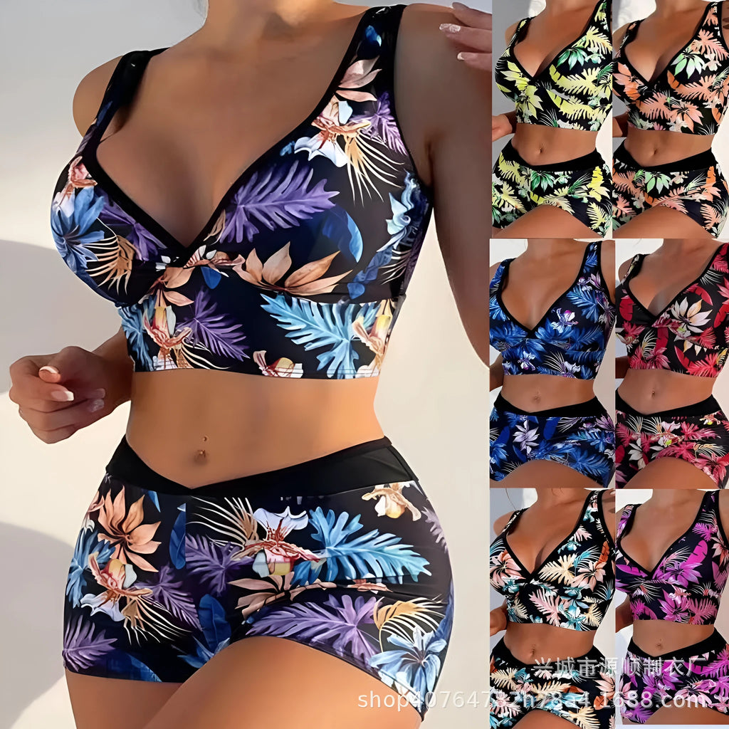 Women's two-piece printed boxer swimsuit in polyester with sleeveless top and briefs bottom