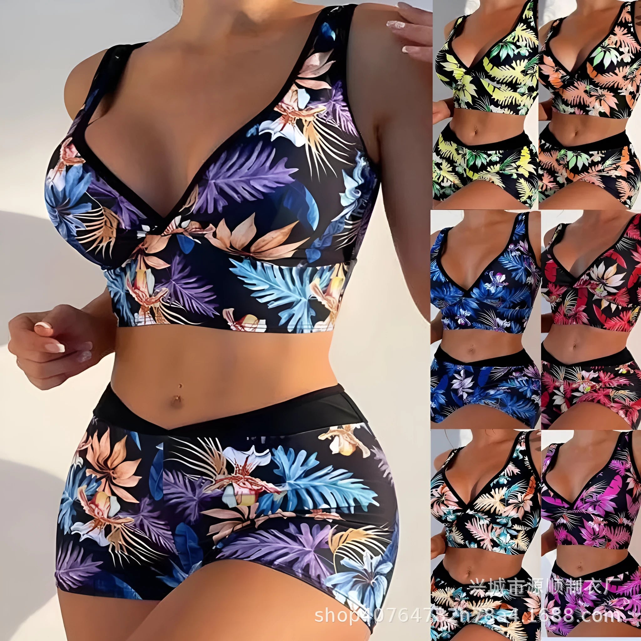 Women's two-piece printed boxer swimsuit in polyester with sleeveless top and briefs bottom