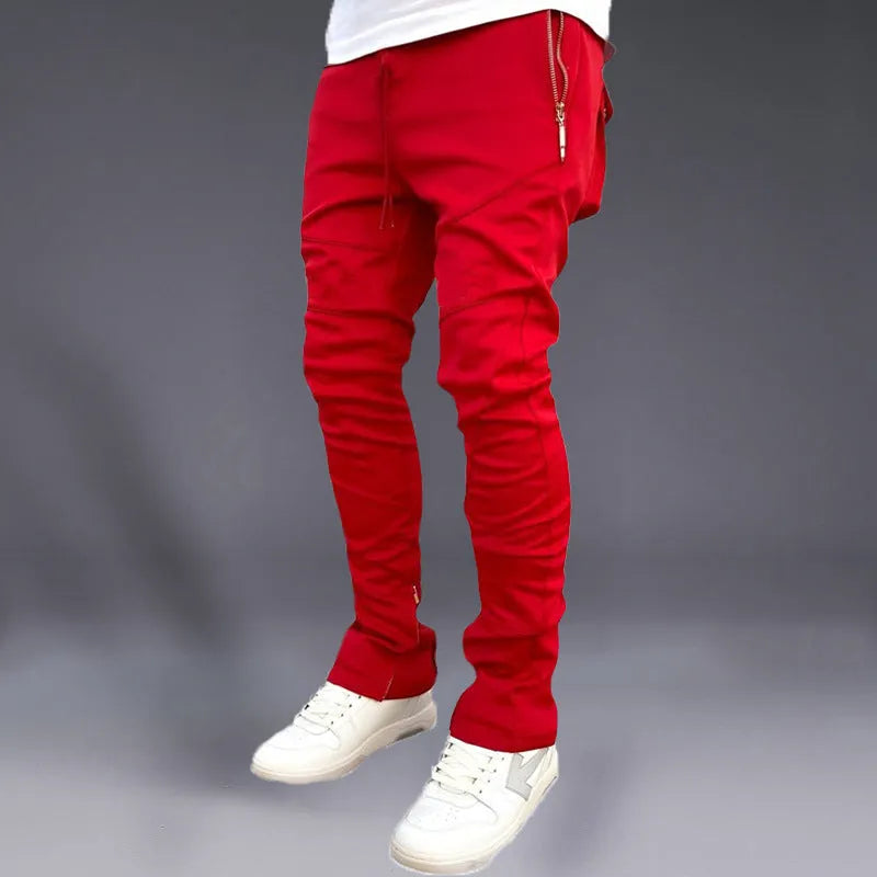 Men's Korean autumn ankle banded trousers in black, super stretch polyester, slim fit with elasticated cuffs