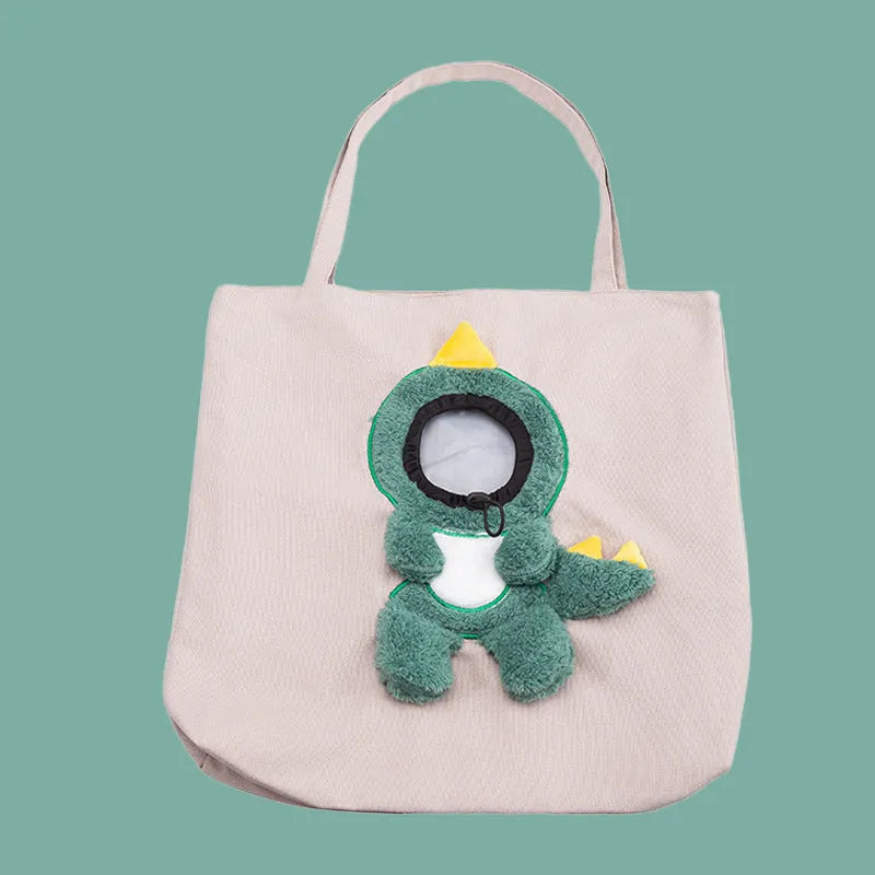 Canvas pet shoulder carrier bag with elastic side opening showing cat inside, available in blue, grey, yellow colours