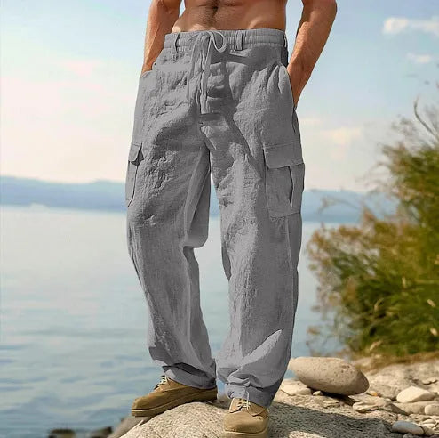 Men's loose cotton wide-leg casual trousers in light army green colour with elastic waistband
