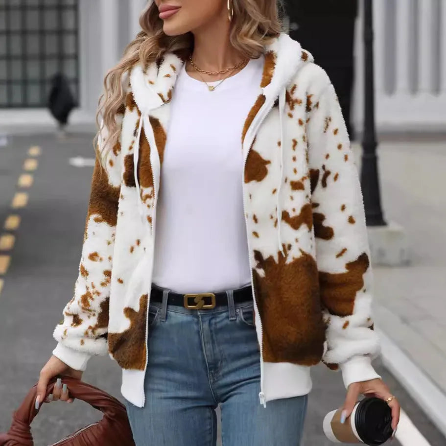 Yellow brown cow print women's hooded cardigan jacket with a full front zipper.