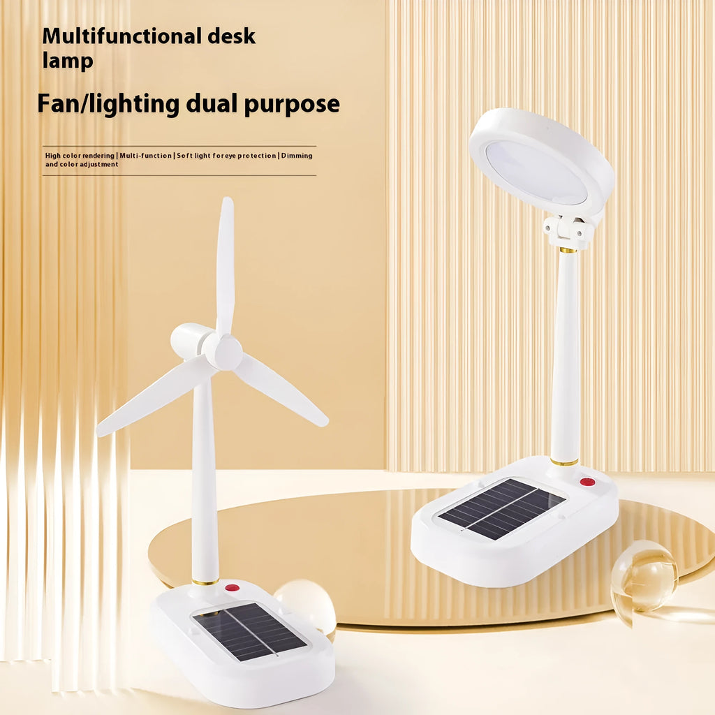 Ivory white solar-powered table fan and LED study lamp with Type-C charging port