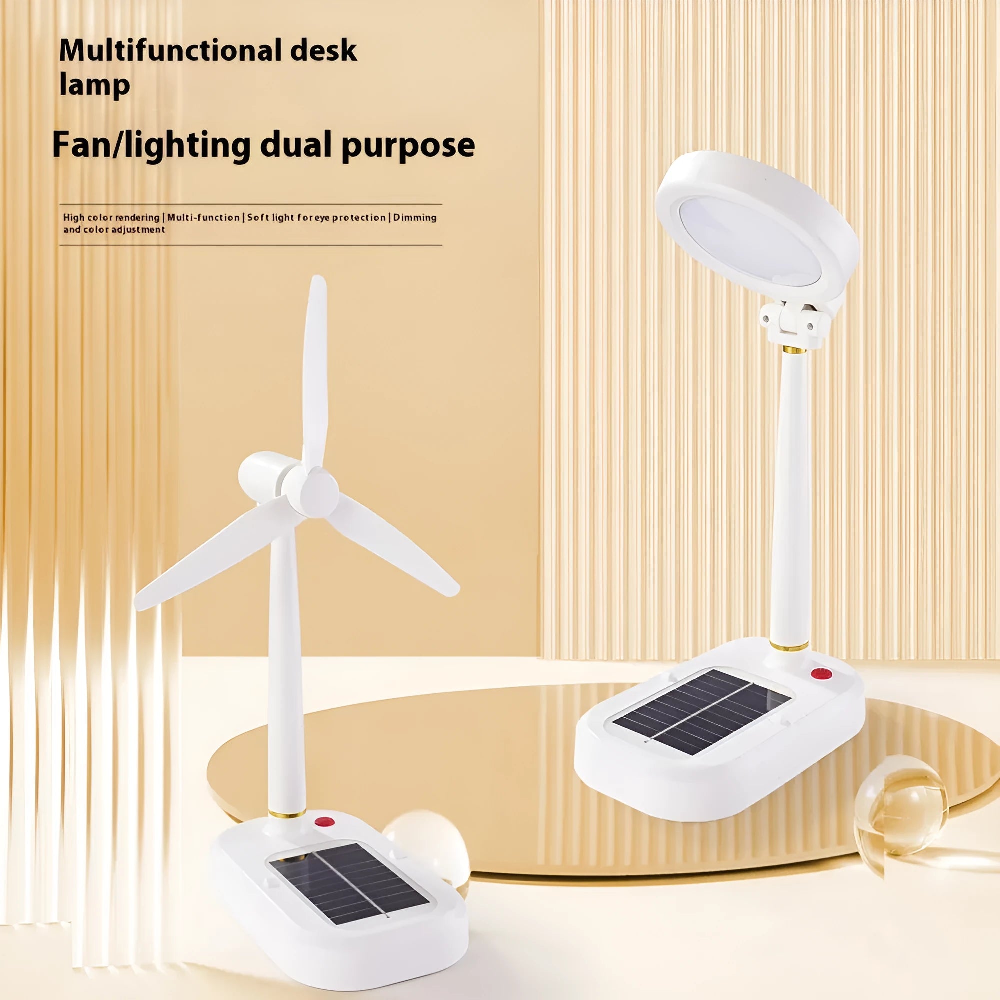 Ivory white solar-powered table fan and LED study lamp with Type-C charging port