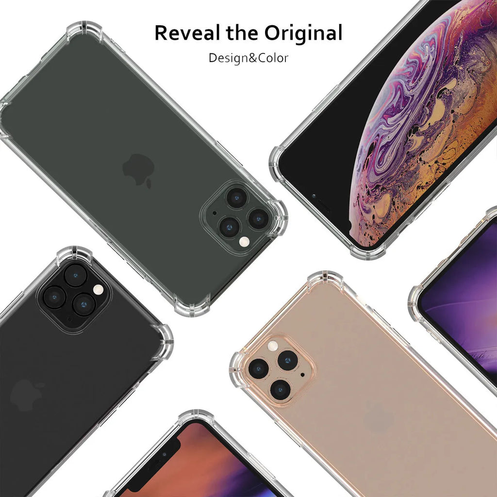 Clear transparent TPU shockproof protective case for Apple iPhone, showing phone model compatibility list.