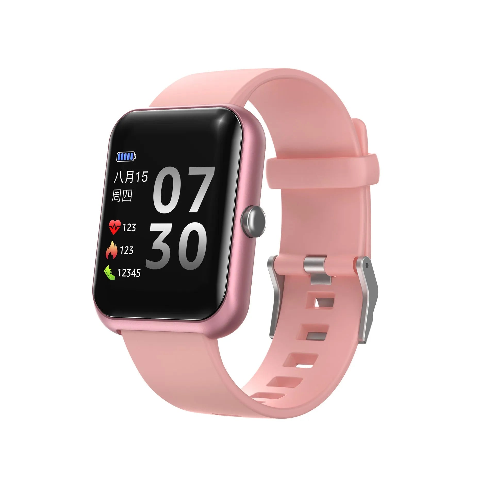 Square smart watch with silicone strap on wrist showing Bluetooth connectivity and aluminium case