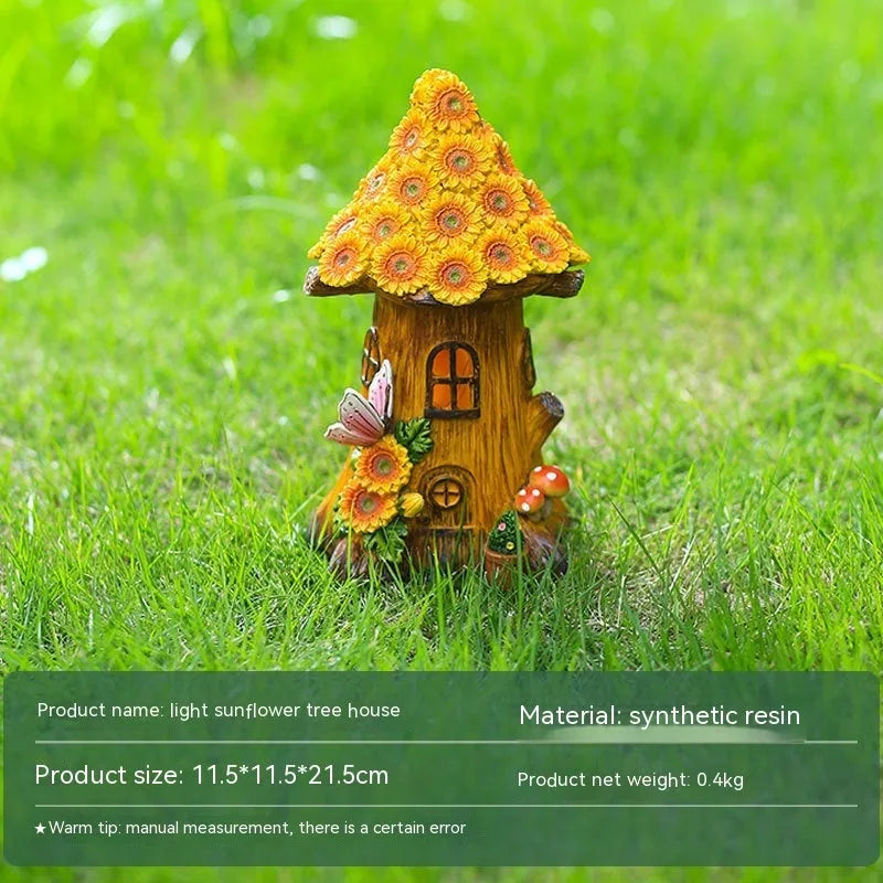 Resin solar lamp decoration tree house hand-painted cartoon pastoral style for outdoor garden lawn