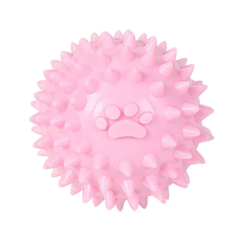 Blue TPR dog chew ball with footprint pattern and raised texture for dental cleaning