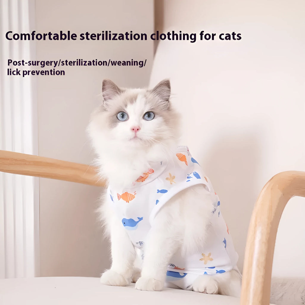 Cat wearing post-operative sterilisation recovery suit with velcro fastenings and printed design