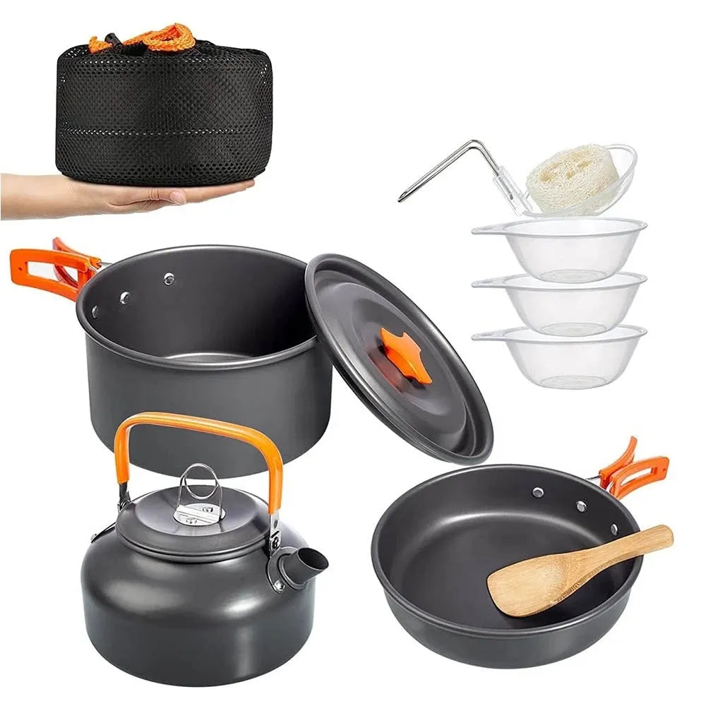 Orange travel picnic tableware folding camping cookware set with aluminium pots, pan, and utensils in mesh bag