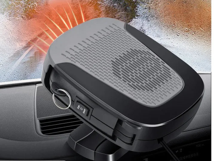 Grey 12V electric air heater for car with cold and warm settings, 150W, ABS housing, and adhesive fixing