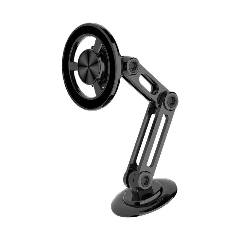 All-metal magnetic car phone holder in black, mounted on a car dashboard, holding a mobile phone.