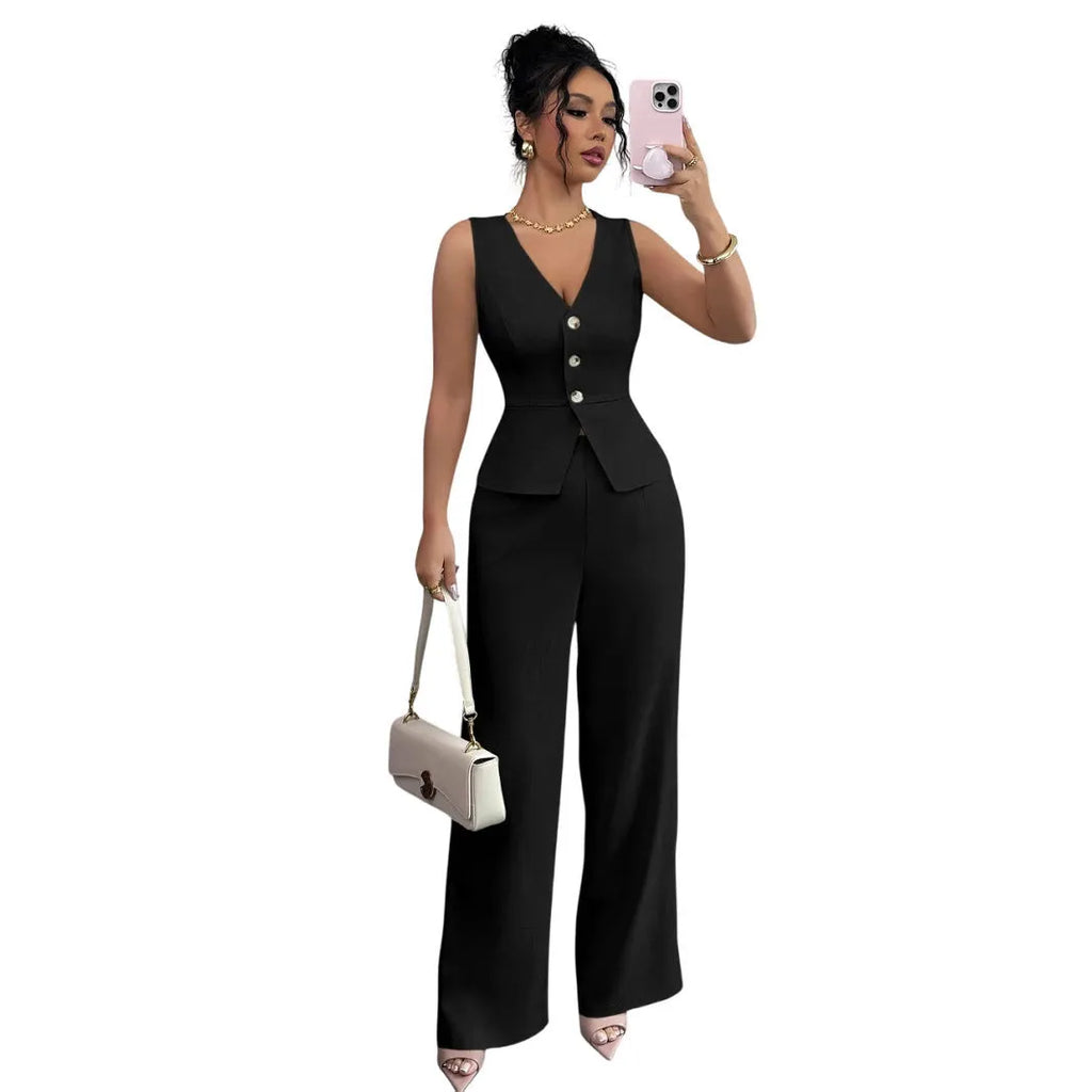 Women's sleeveless vest and high-waist trousers matching set in solid colour casual wear