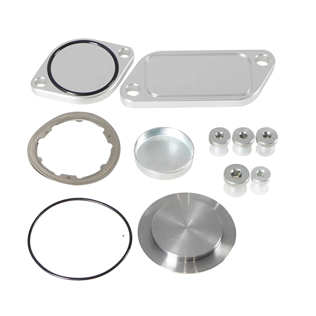 Silver aluminium alloy automotive valve cover replacement part.
