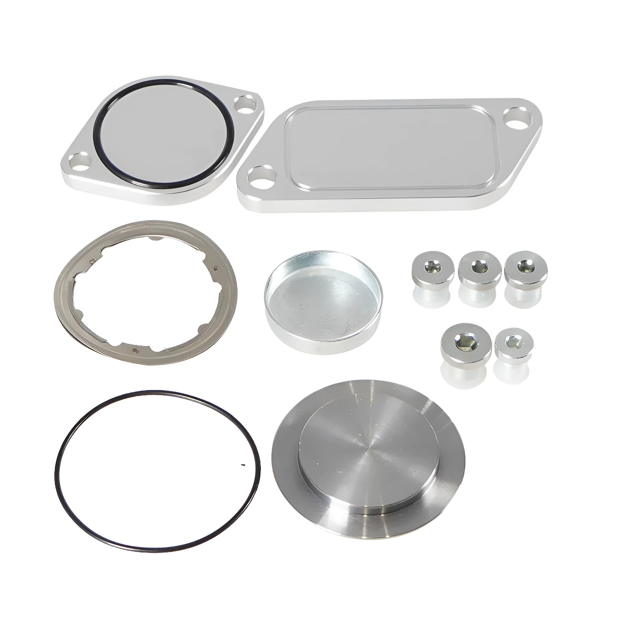 Silver aluminium alloy automotive valve cover replacement part.