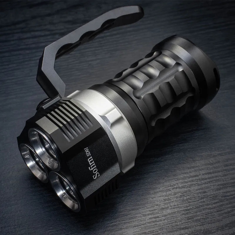 Aluminium alloy diving flashlight showing 18cm length and metal construction