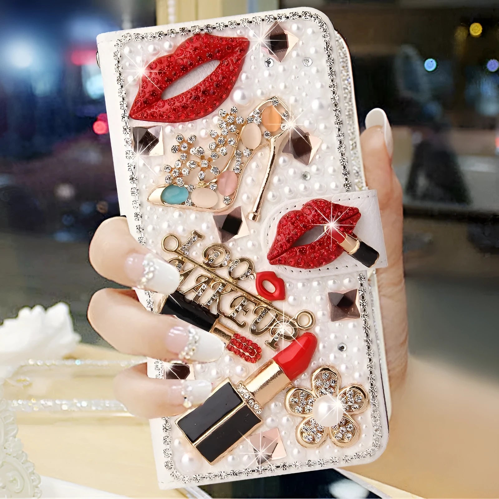 Handmade imitation leather phone case with all-inclusive rhinestone detailing in white gem wallet design