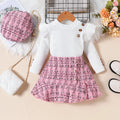 Girls cotton plaid three-piece skirt suit with long sleeve top fishtail skirt and hat in black and pink sizes 90-130cm