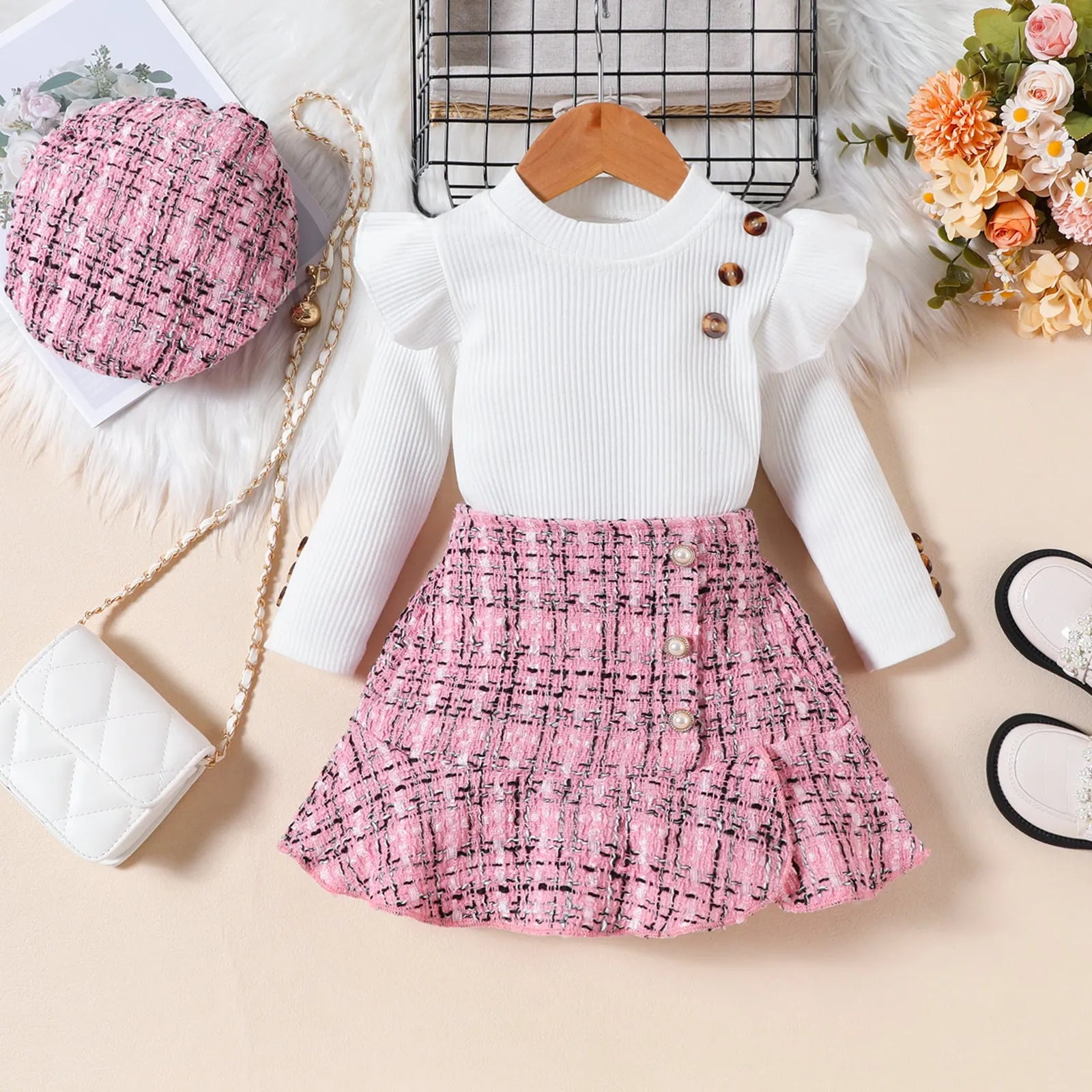 Girls cotton plaid three-piece skirt suit with long sleeve top fishtail skirt and hat in black and pink sizes 90-130cm