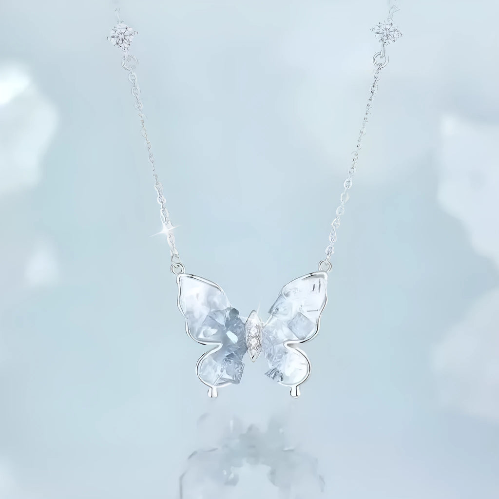 925 silver women's necklace with ice rain butterfly pendant on O-ring chain, adjustable 41-50cm length