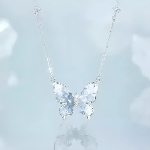 925 silver women's necklace with ice rain butterfly pendant on O-ring chain, adjustable 41-50cm length