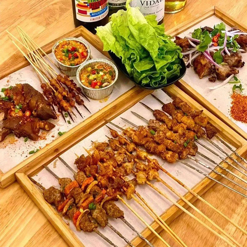 Square bamboo serving tray with brown handles in rustic solid colour for catering use