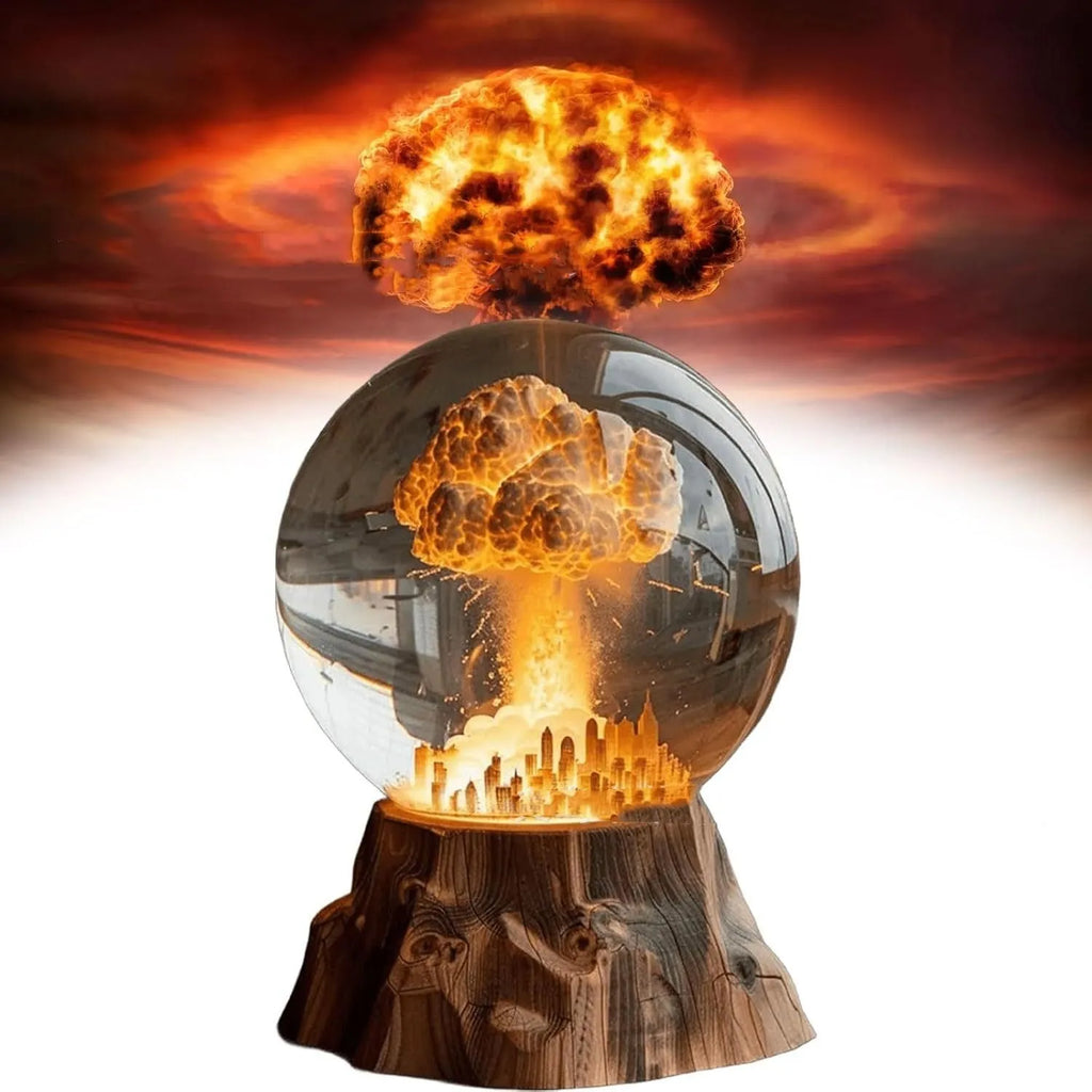 Close-up of a 3D atomic bomb explosion lamp in resin with hand-painted details, showing a mushroom cloud shape on a desk