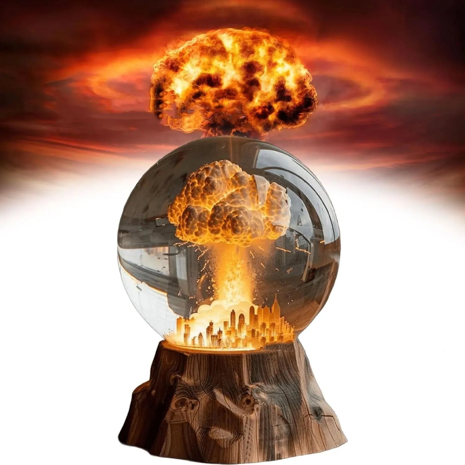 Close-up of a 3D atomic bomb explosion lamp in resin with hand-painted details, showing a mushroom cloud shape on a desk