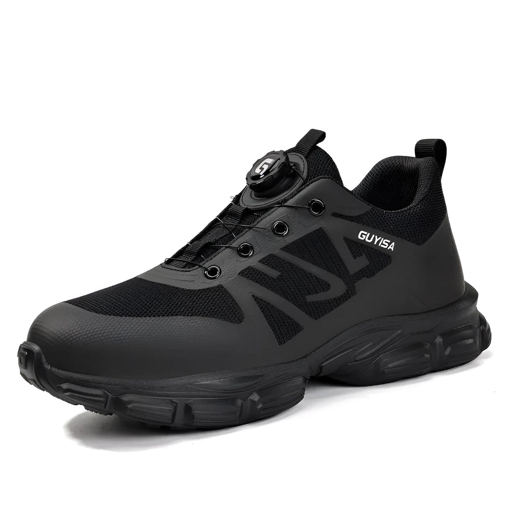 Black lightweight safety shoes with flyknit upper, steel toe cap, and TPU sole.