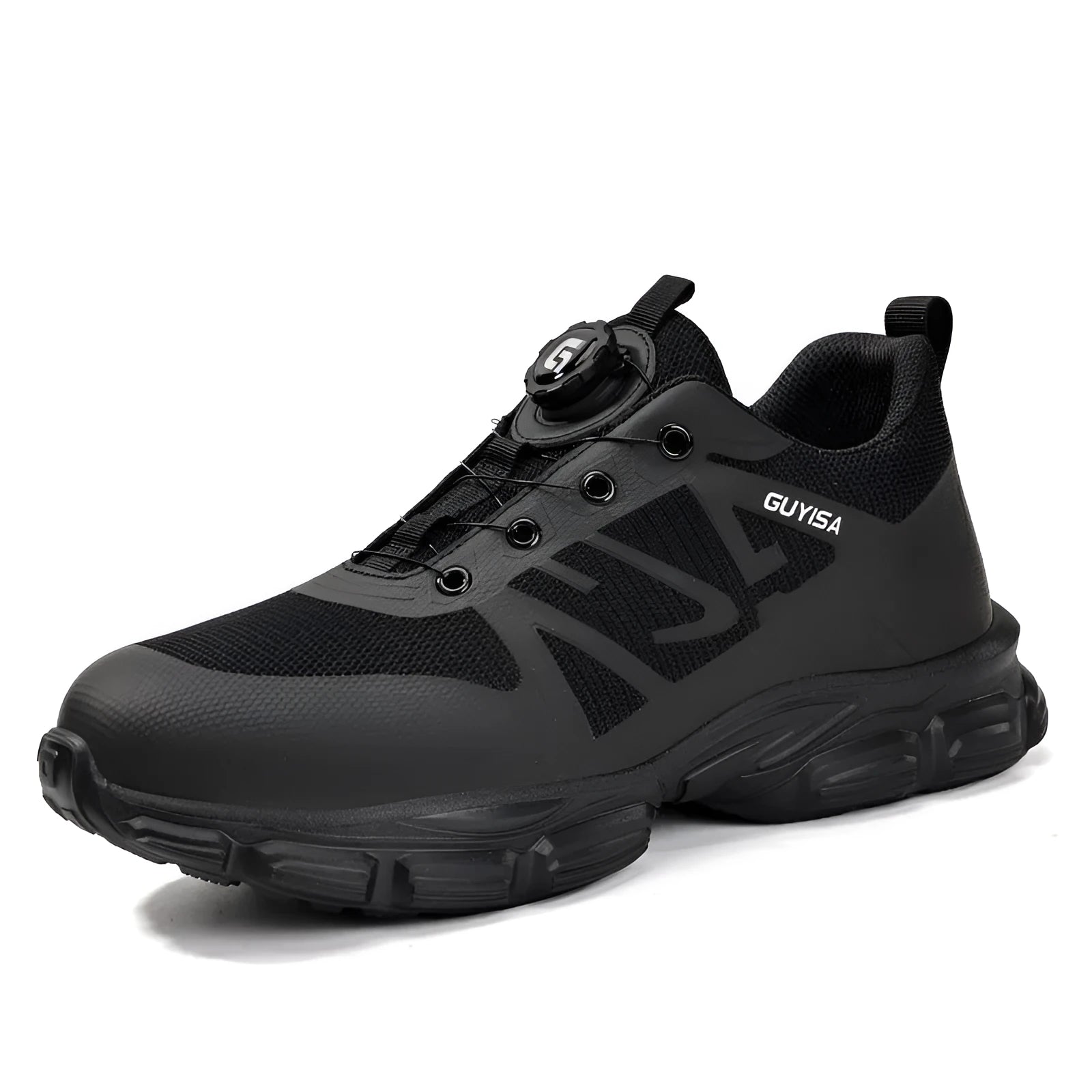 Black lightweight safety shoes with flyknit upper, steel toe cap, and TPU sole.