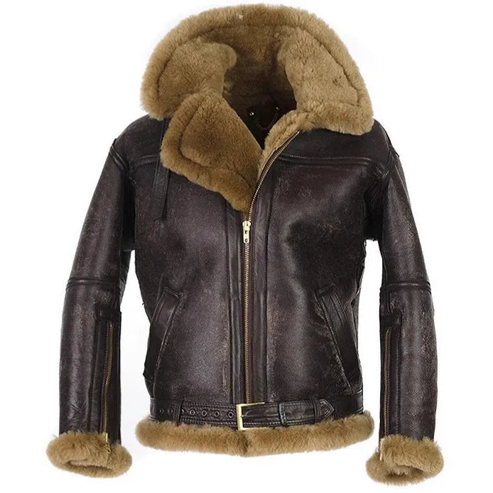 Men's brown retro synthetic leather fur coat with straight hem and side pockets