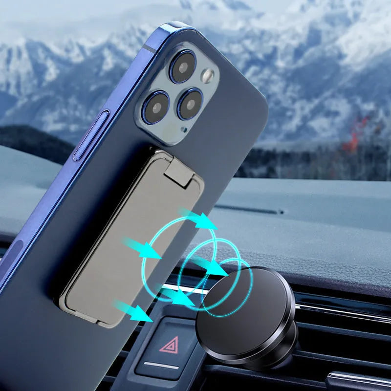 Foldable mobile phone holder with ring buckle adjustable stand and magnetic car bracket