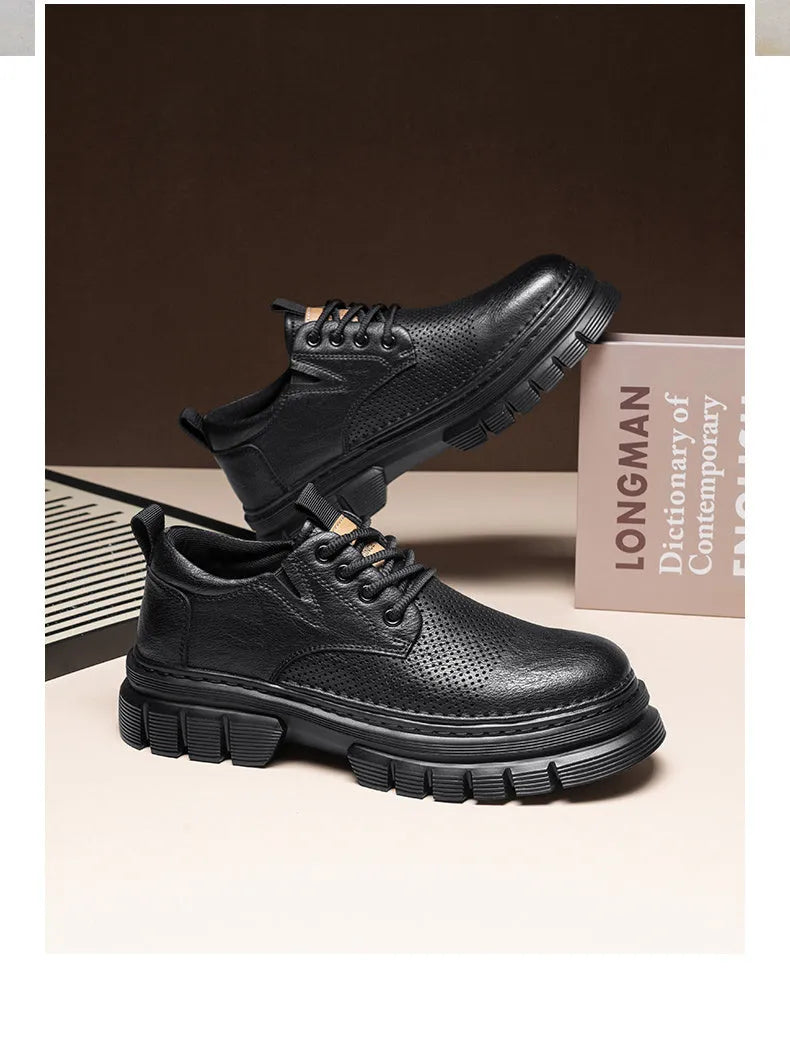 Leather lace-up work casual shoes in black and brown with low heel and rubber sole