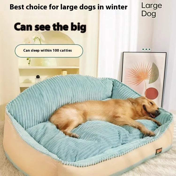 Morandi colour removable washable dog bed mat on a sofa, showing Large and Medium size options.