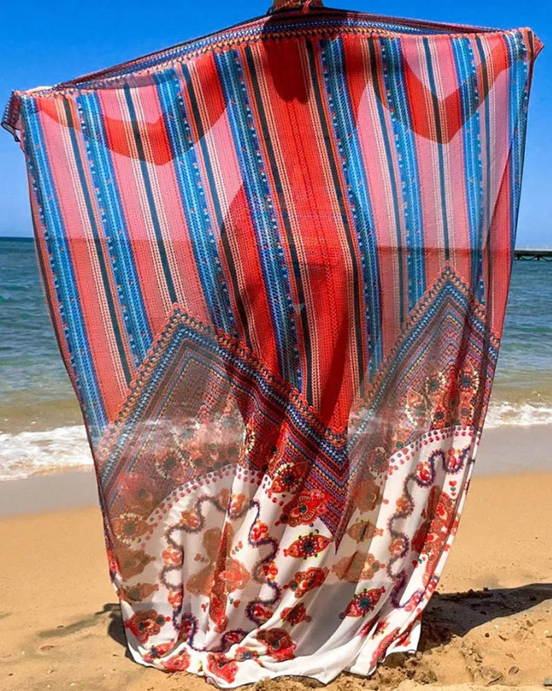 Women's three-piece swimsuit set showing high-waist cutout bottoms, sleeveless top, and coat in matching colour