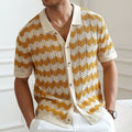 Men's American-style hollow jacquard corrugated short sleeve sweater in yellow, blue or brown with textured flocking design