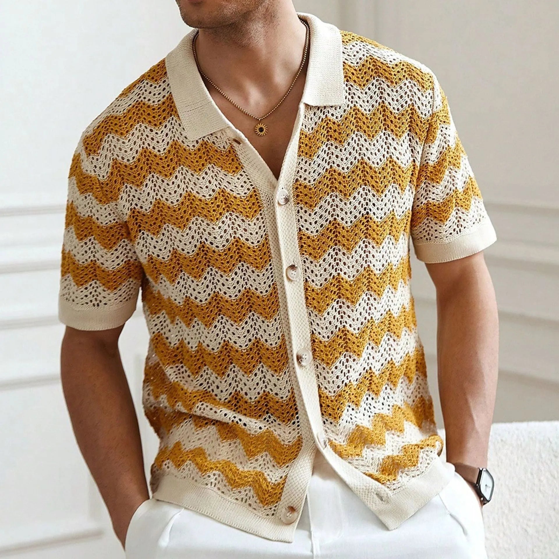 Men's American-style hollow jacquard corrugated short sleeve sweater in yellow, blue or brown with textured flocking design