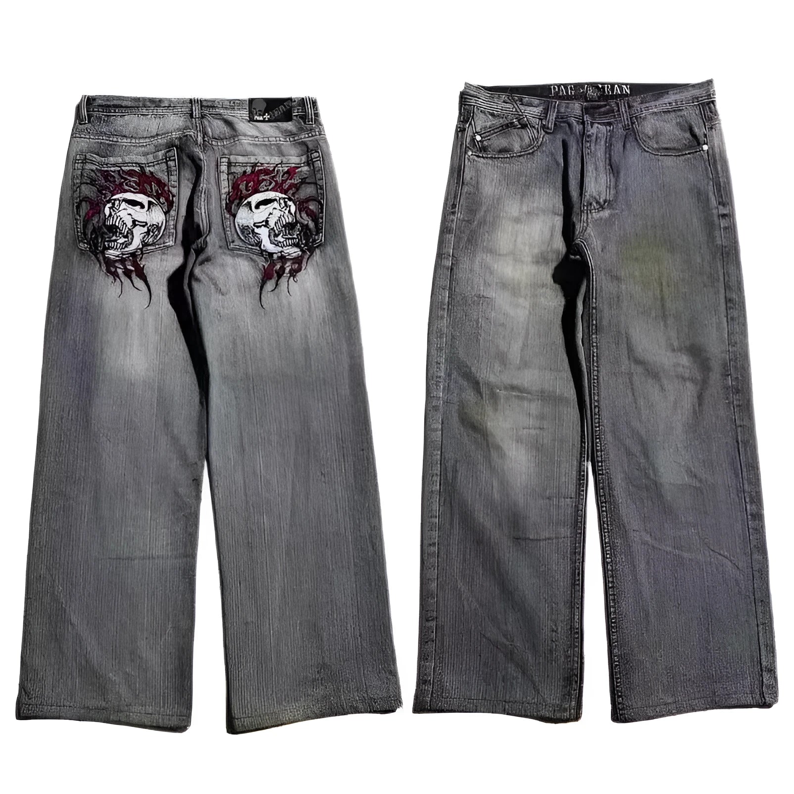 Grey washed-out denim jeans on a man, showing wide-leg straight cut and mid-waist fit.