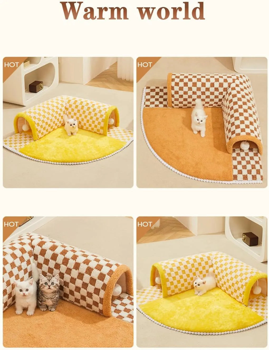 Brown plush plaid cat tunnel bed with a non-slip base on a wooden floor.