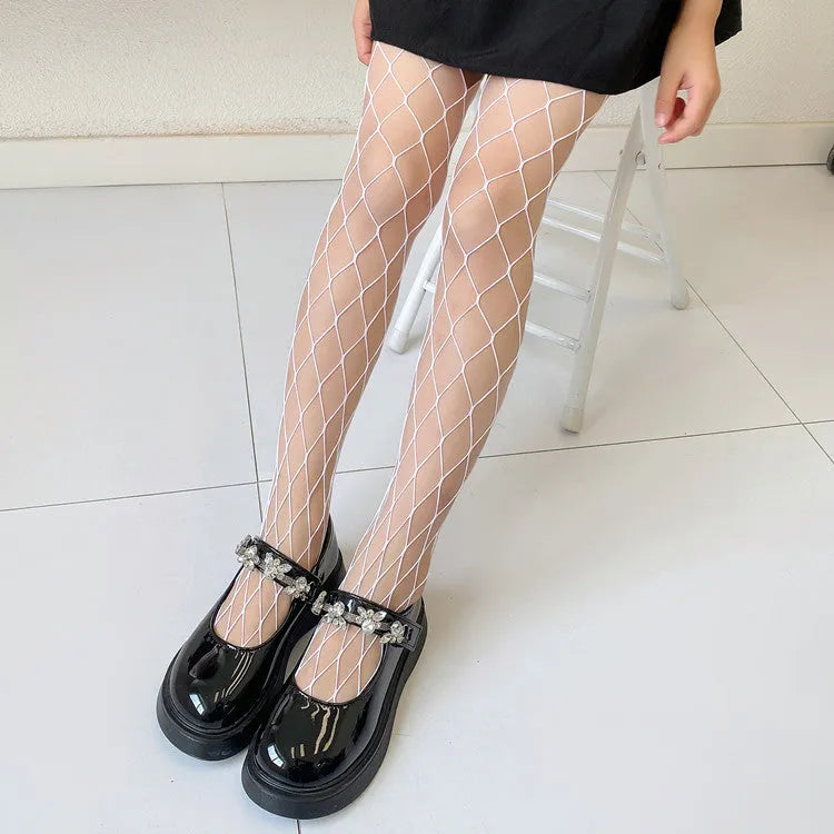 Women's mesh stockings in large, medium, and small hole patterns in black and white colours.