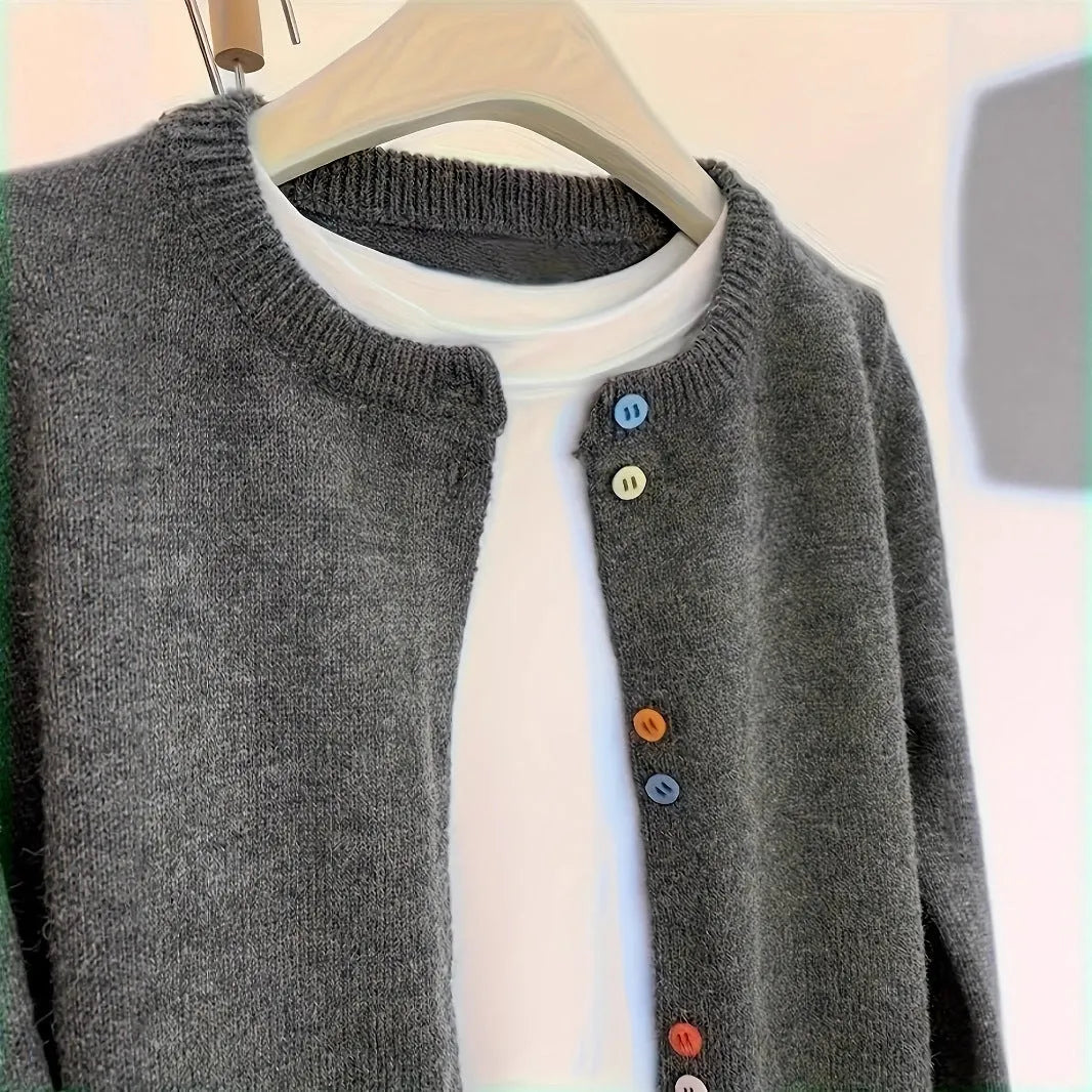 Women's dark grey polyester cardigan sweater with button front and long sleeves