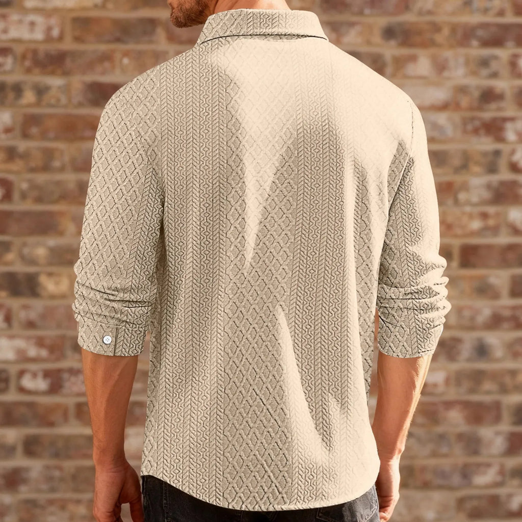 Knitted floral single-breasted men's casual shirt with 3D patch pocket in slim fit, polyester fabric, long sleeves