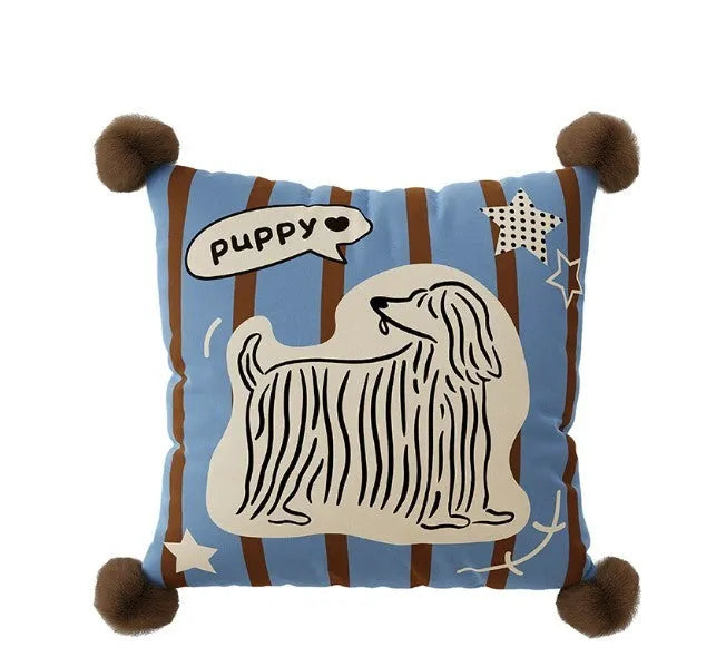 Blue cartoon animal printed cushion on a grey sofa, showing removable cotton canvas cover and 45x45cm size.