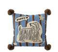 Blue cartoon animal printed cushion on a grey sofa, showing removable cotton canvas cover and 45x45cm size.