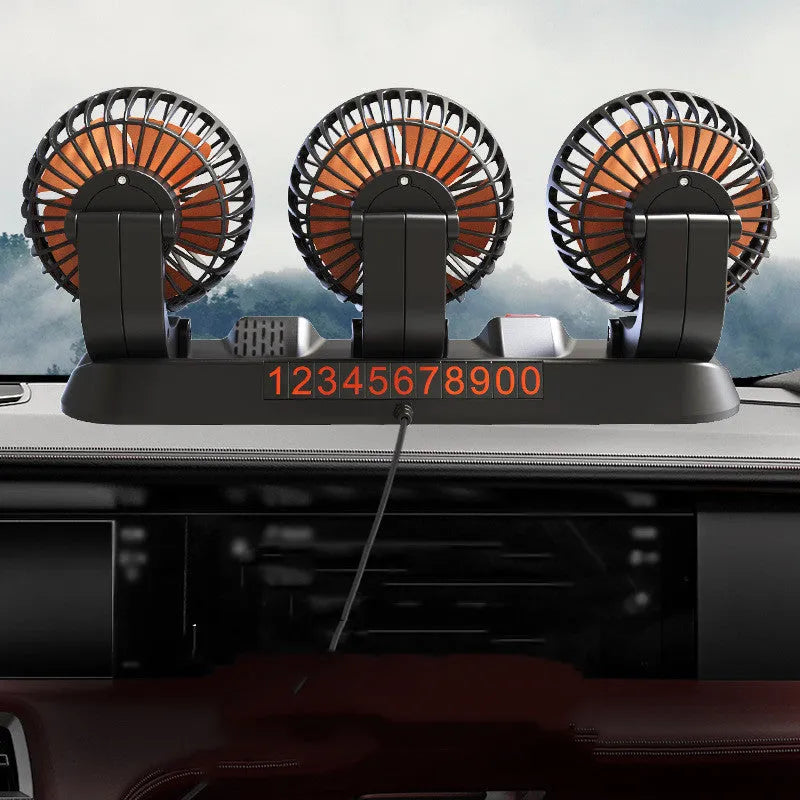 Three head automotive electric cooling fan with black ABS motor housing and cigarette lighter power cable.