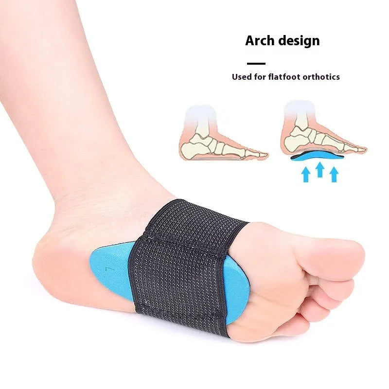 Blue elastic bandage arch support foot pad for flat feet, shown in adult size.