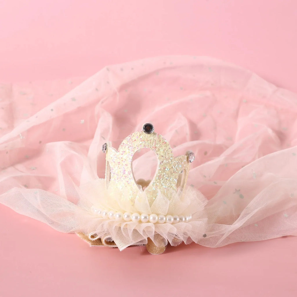 Princess crown headdress for a cat with a beige veil, pet costume accessory